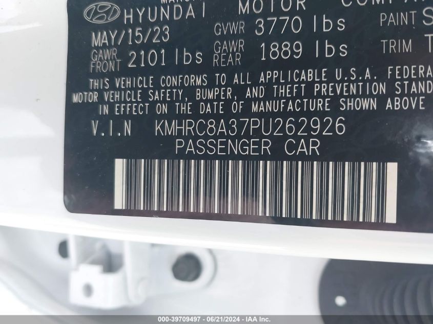 2023 Hyundai Venue Sel VIN: KMHRC8A37PU262926 Lot: 39709497