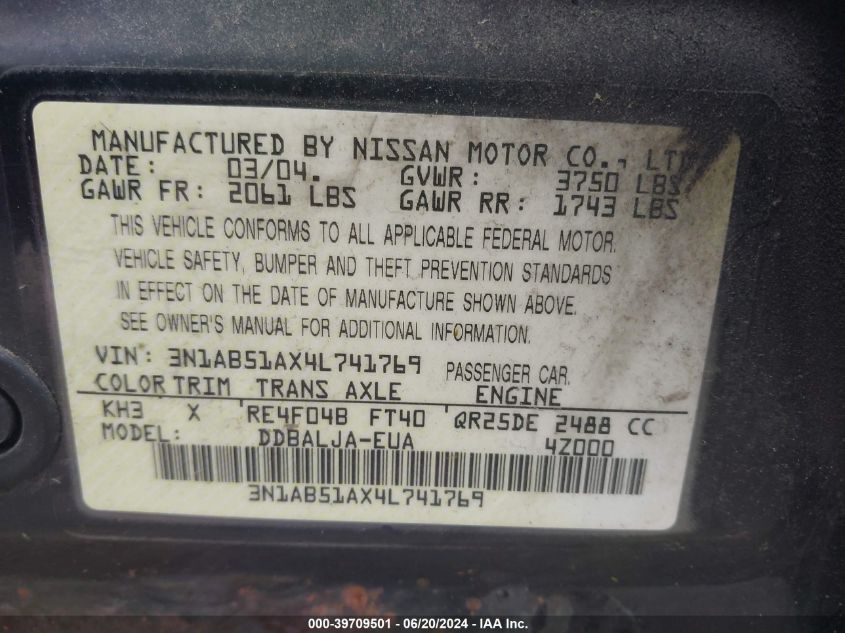 2004 Nissan Sentra 2.5S VIN: 3N1AB51AX4L741769 Lot: 39709501
