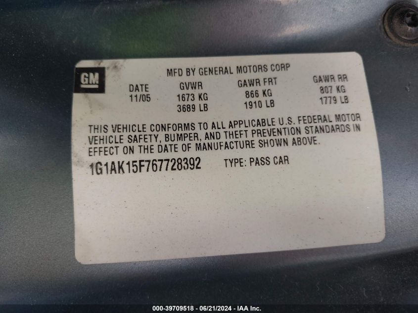 2006 Chevrolet Cobalt Ls VIN: 1G1AK15F767728392 Lot: 39709518