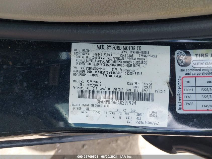 2010 Ford Fusion Se VIN: 3FAHP0HA6AR291994 Lot: 39709521