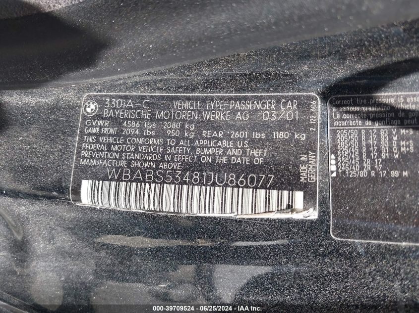 2001 BMW 330Ci VIN: WBABS53481JU86077 Lot: 39709524