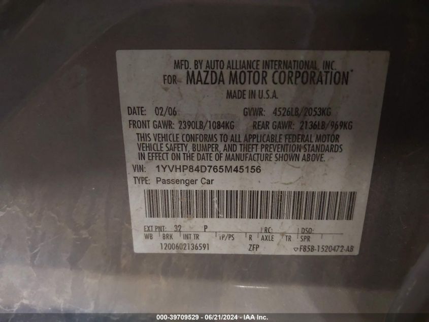 2006 Mazda 6 S VIN: 1YVHP84D765M45156 Lot: 39709529