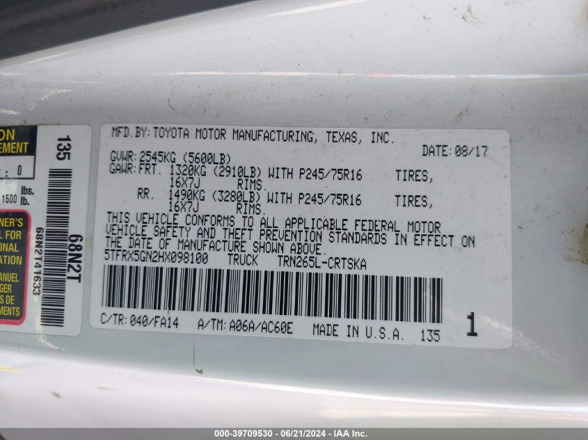 2017 Toyota Tacoma Access Cab/Sr/Sr5 VIN: 5TFRX5GN2HX098100 Lot: 39709530