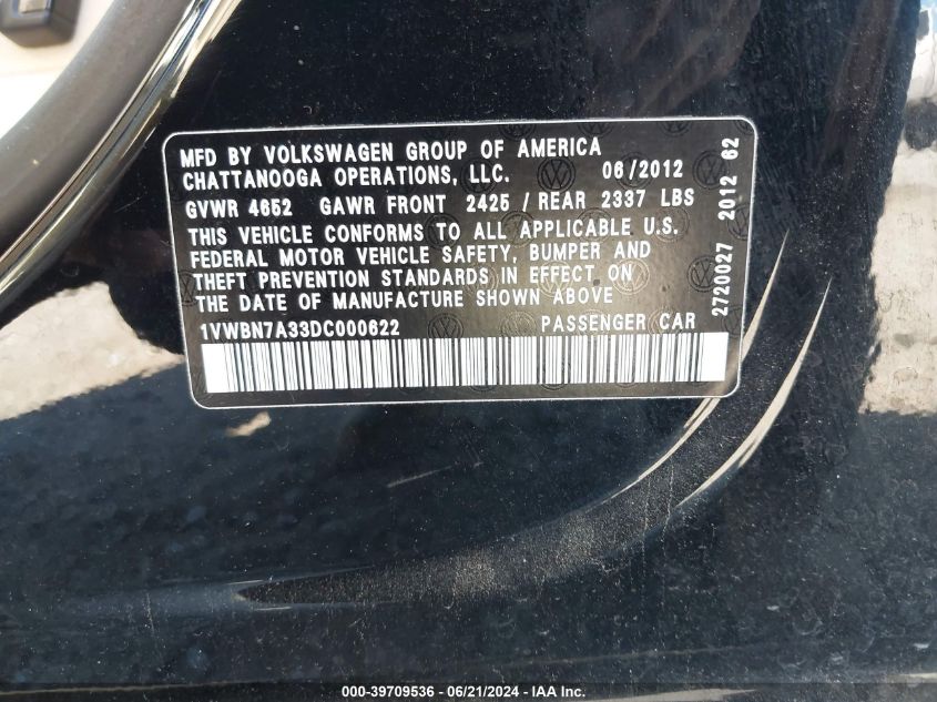 2013 Volkswagen Passat 2.0L Tdi Se VIN: 1VWBN7A33DC000622 Lot: 39709536