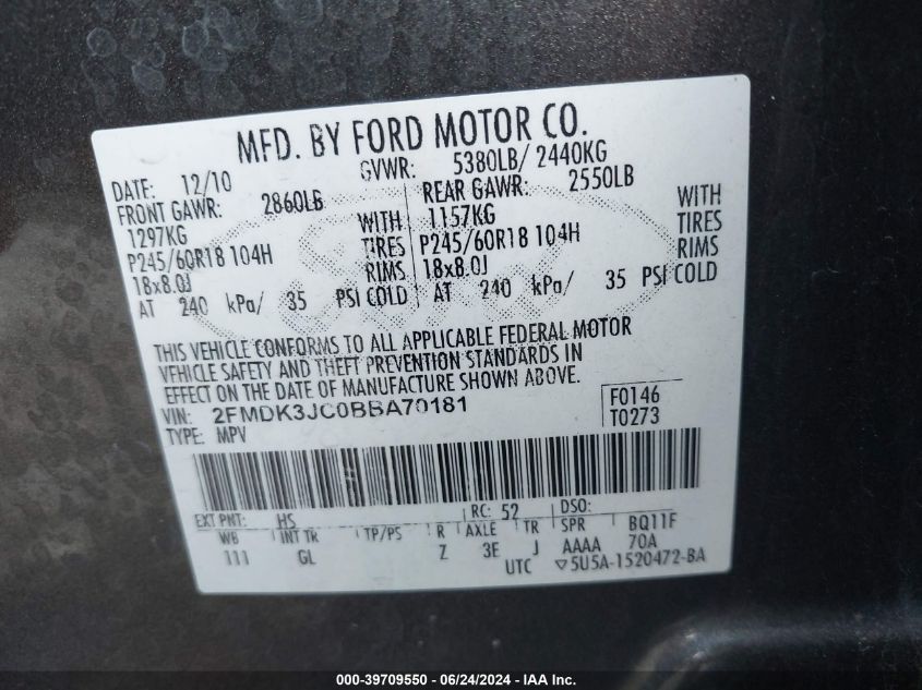 2011 Ford Edge Sel VIN: 2FMDK3JC0BBA70181 Lot: 39709550