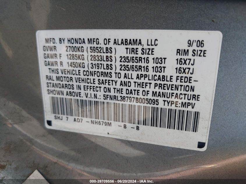 2007 Honda Odyssey Ex-L VIN: 5FNRL38797B005095 Lot: 39709556