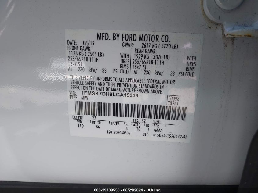 2020 Ford Explorer Xlt VIN: 1FMSK7DH9LGA15339 Lot: 39709558