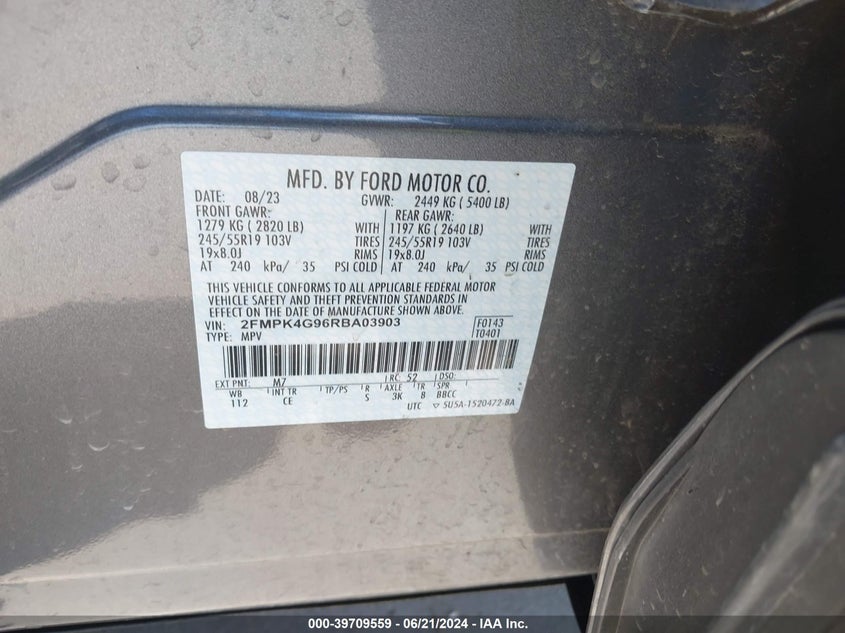 2024 Ford Edge Se VIN: 2FMPK4G96RBA03903 Lot: 39709559