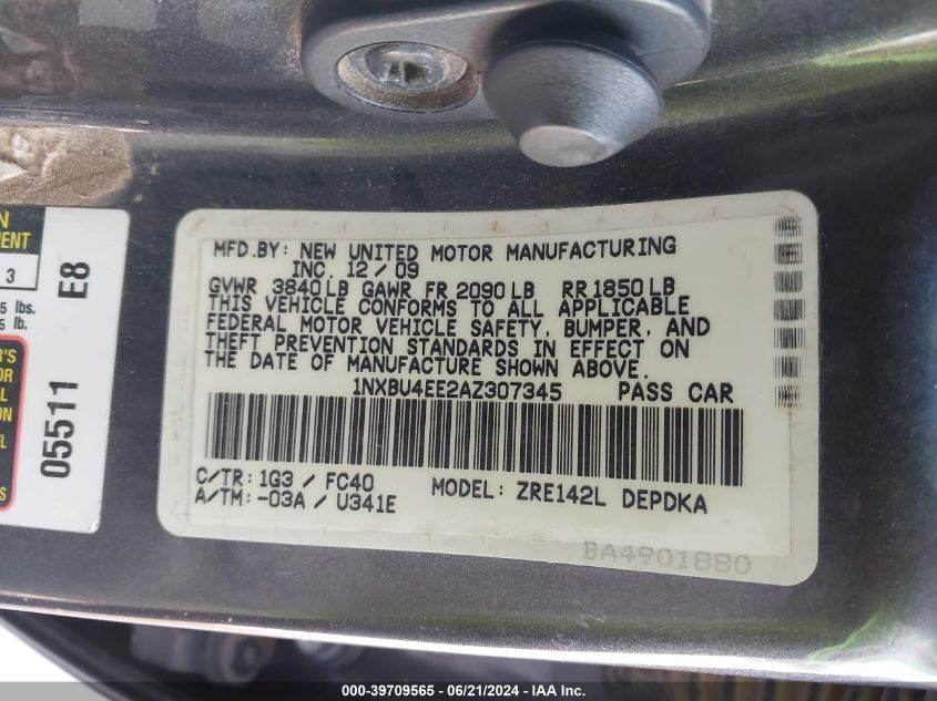 2010 Toyota Corolla Le VIN: 1NXBU4EE2AZ307345 Lot: 39709565