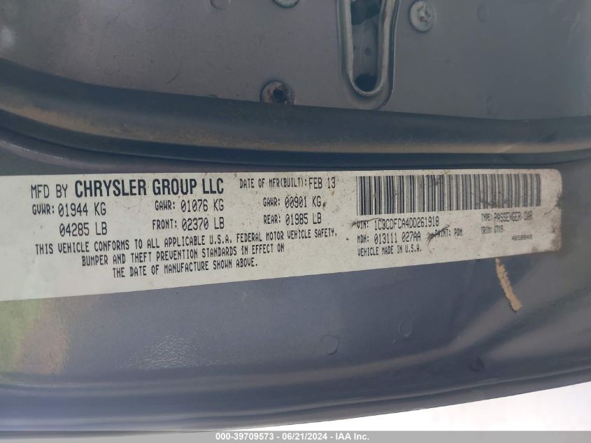 2013 Dodge Dart Limited/R/T VIN: 1C3CDFCA4DD261918 Lot: 39709573