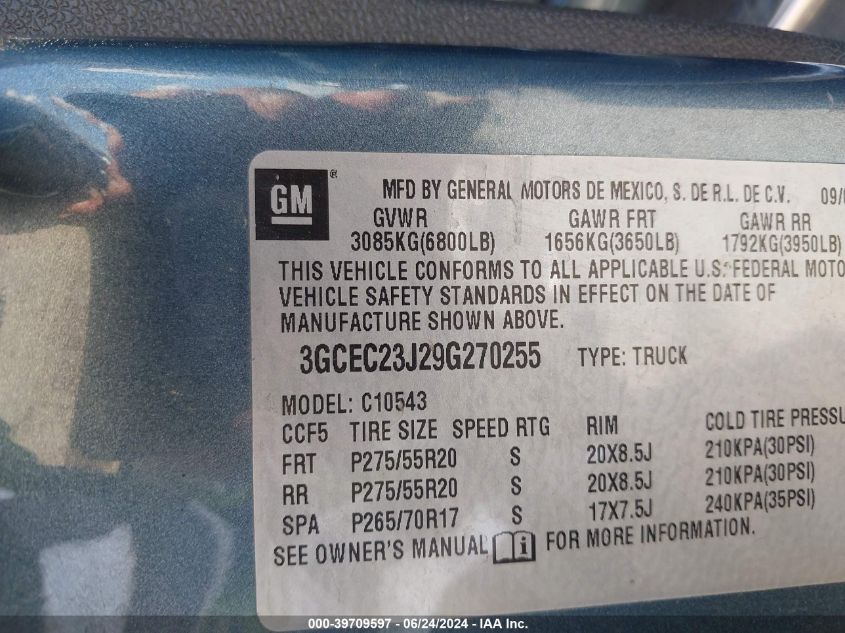 2009 Chevrolet Silverado 1500 Lt VIN: 3GCEC23J29G270255 Lot: 39709597