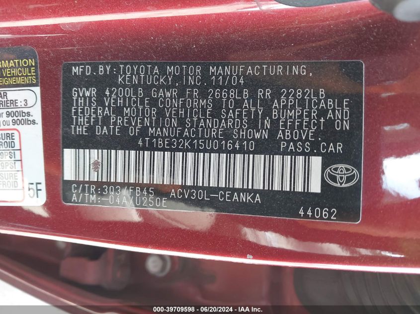 2005 Toyota Camry Le VIN: 4T1BE32K15U016410 Lot: 39709598