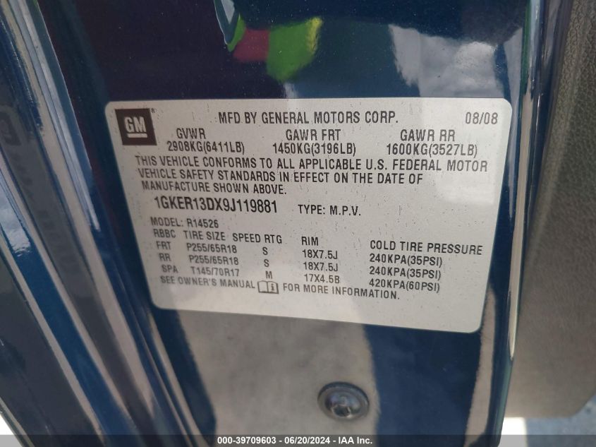 2009 GMC Acadia Sle-1 VIN: 1GKER13DX9J119881 Lot: 39709603