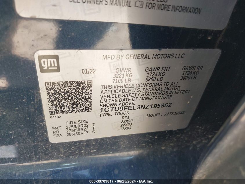 2022 GMC Sierra Limited K1500 Denali VIN: 1GTU9FEL3NZ195852 Lot: 39709617