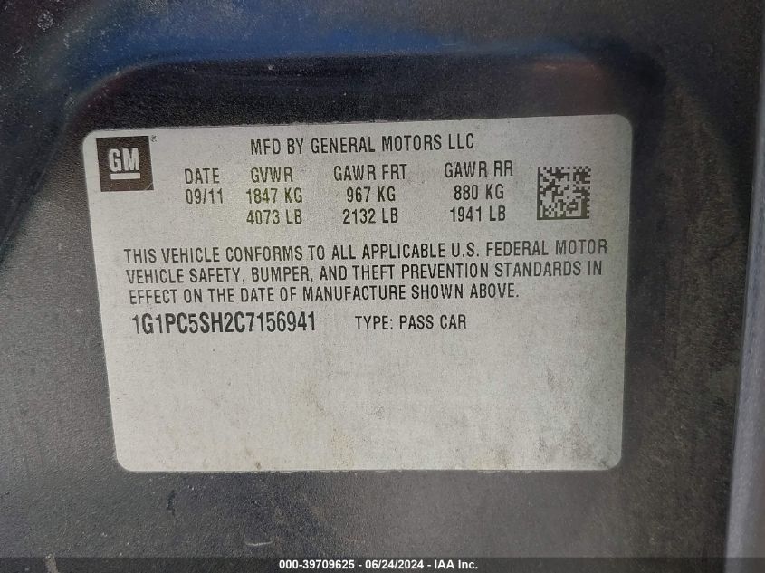 2012 Chevrolet Cruze Ls VIN: 1G1PC5SH2C7156941 Lot: 39709625