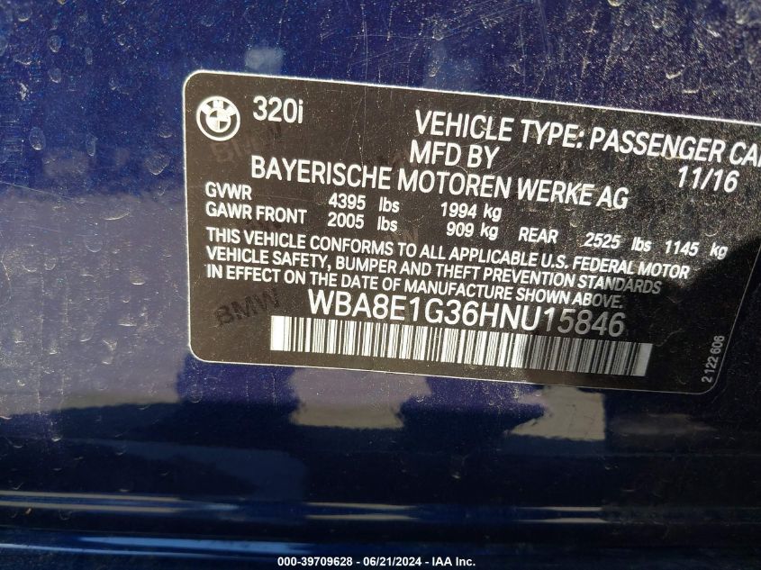 2017 BMW 320 I VIN: WBA8E1G36HNU15846 Lot: 39709628