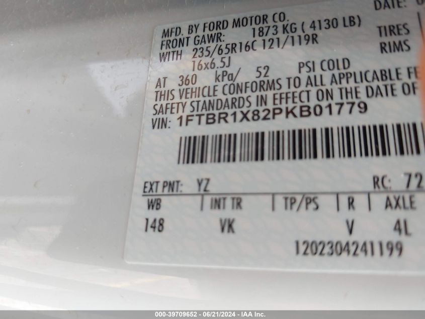 2023 Ford Transit-250 VIN: 1FTBR1X82PKB01779 Lot: 39709652