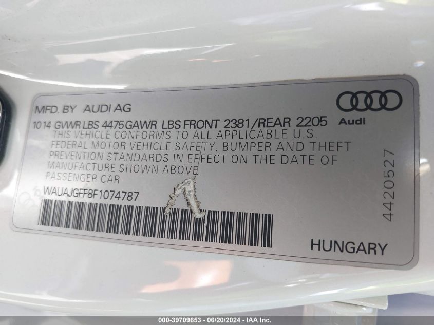 2015 Audi A3 2.0 Tdi Premium VIN: WAUAJGFF8F1074787 Lot: 39709653