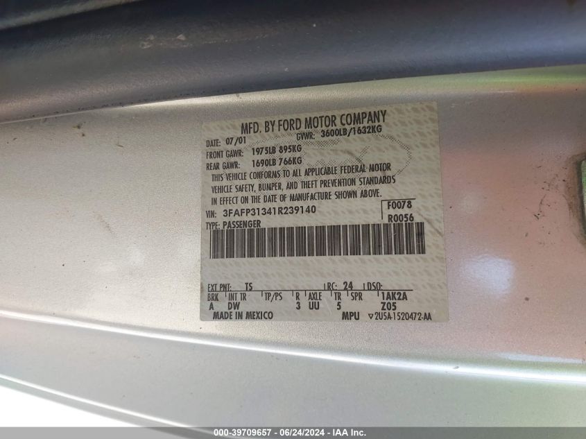 2001 Ford Focus Zx3 VIN: 3FAFP31341R239140 Lot: 39709657