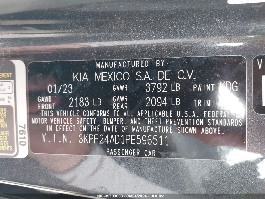 2023 Kia Forte Lxs VIN: 3KPF24AD1PE596511 Lot: 39709663