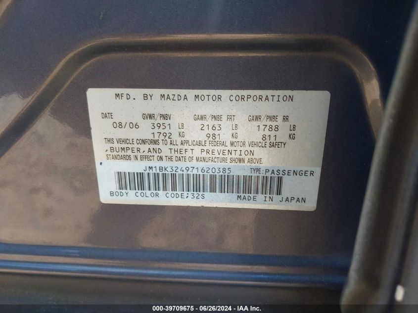 2007 Mazda Mazda3 S Touring VIN: JM1BK324971620385 Lot: 39709675