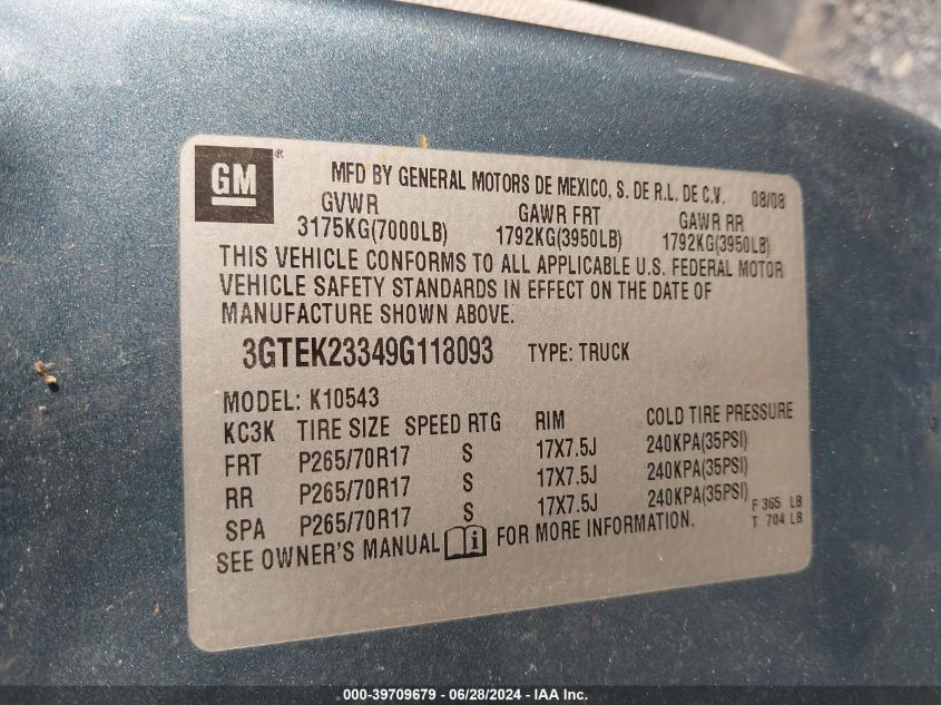 2009 GMC Sierra 1500 K1500 Sle VIN: 3GTEK23349G118093 Lot: 39709679