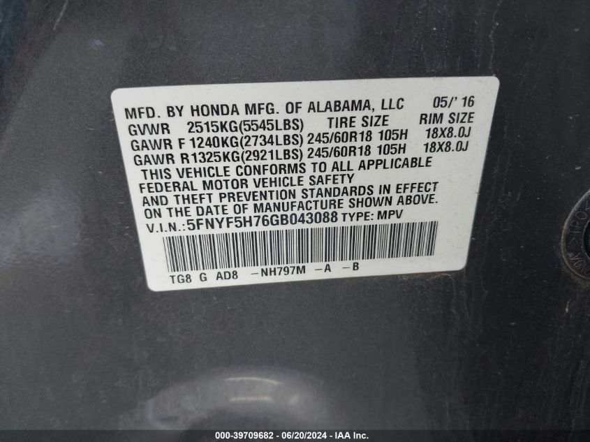 2016 Honda Pilot Ex-L VIN: 5FNYF5H76GB043088 Lot: 39709682