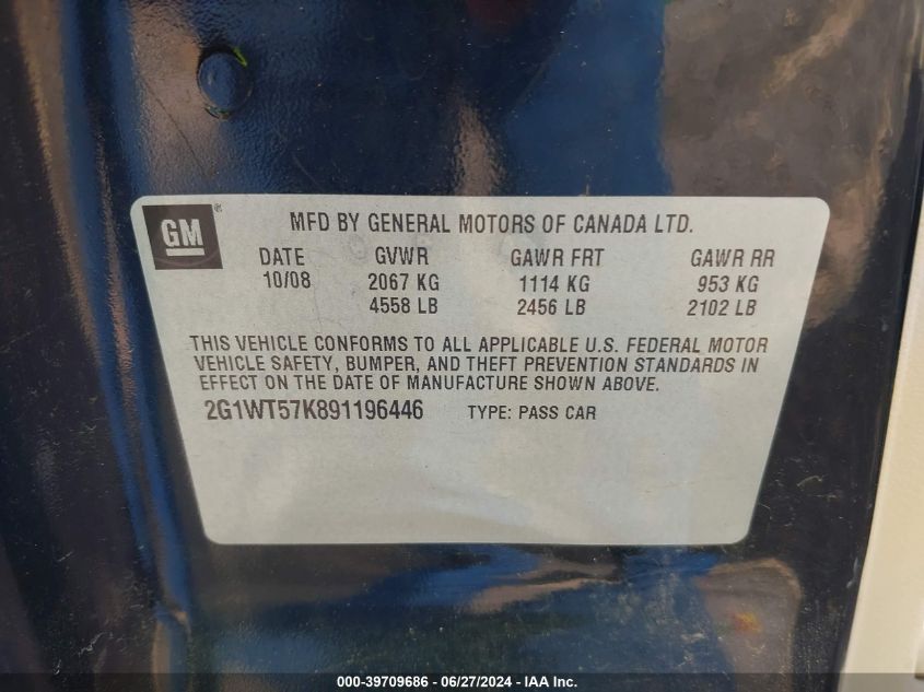 2009 Chevrolet Impala Lt VIN: 2G1WT57K891196446 Lot: 39709686