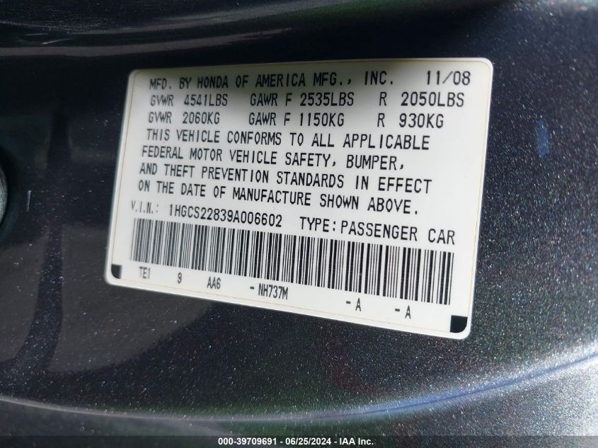 2009 Honda Accord 3.5 Ex-L VIN: 1HGCS22839A006602 Lot: 39709691