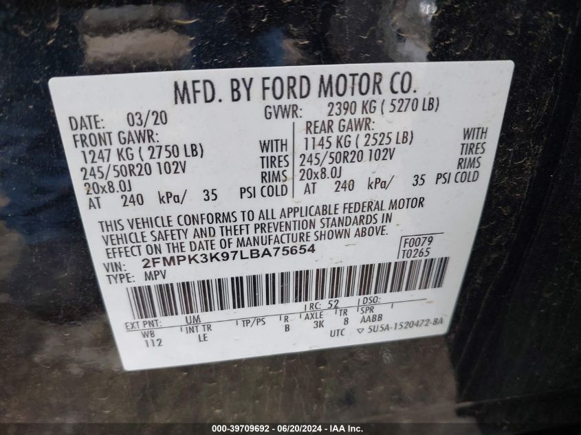 2020 Ford Edge Titanium VIN: 2FMPK3K97LBA75654 Lot: 39709692