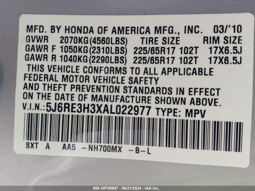 2010 Honda Cr-V Lx VIN: 5J6RE3H3XAL022977 Lot: 39709697