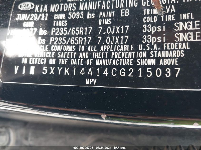 2012 Kia Sorento Lx VIN: 5XYKT4A14CG215037 Lot: 39709705