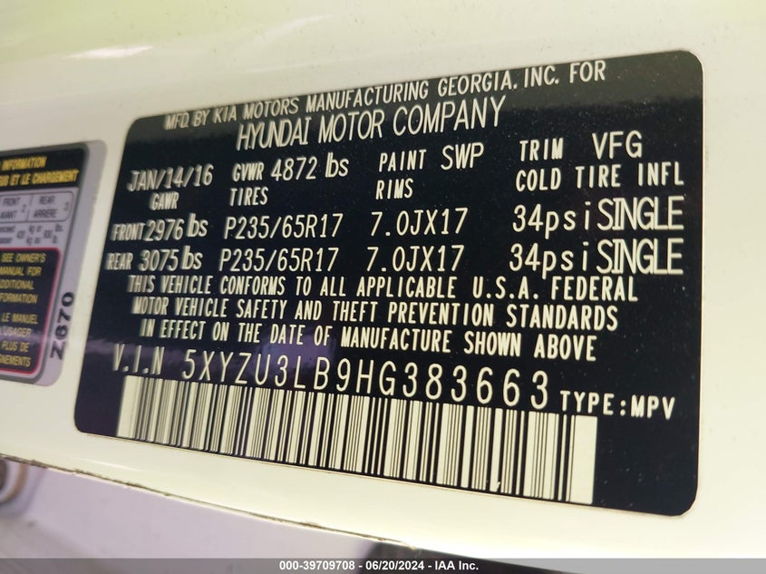 2017 Hyundai Santa Fe Sport 2.4L VIN: 5XYZU3LB9HG383663 Lot: 39709708