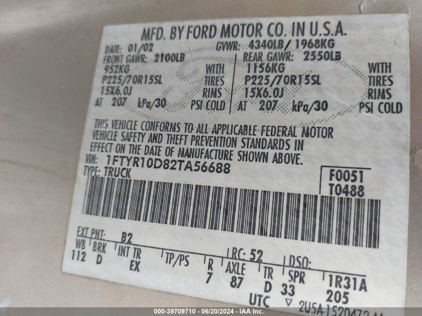 2002 Ford Ranger Xl/Xlt VIN: 1FTYR10D82TA56688 Lot: 39709710