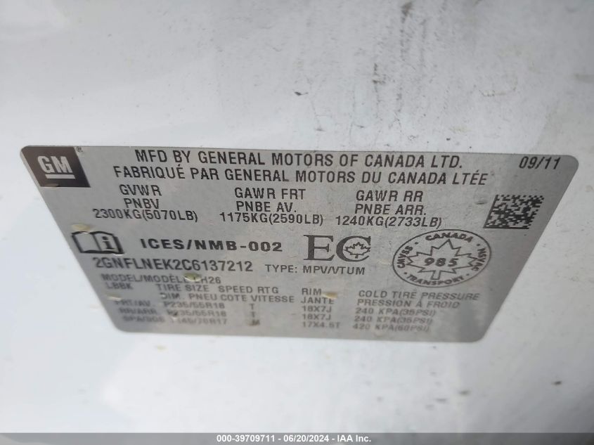 2012 Chevrolet Equinox 2Lt VIN: 2GNFLNEK2C6137212 Lot: 39709711