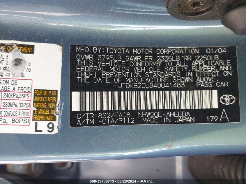 2004 Toyota Prius VIN: JTDKB20U840041483 Lot: 39709713