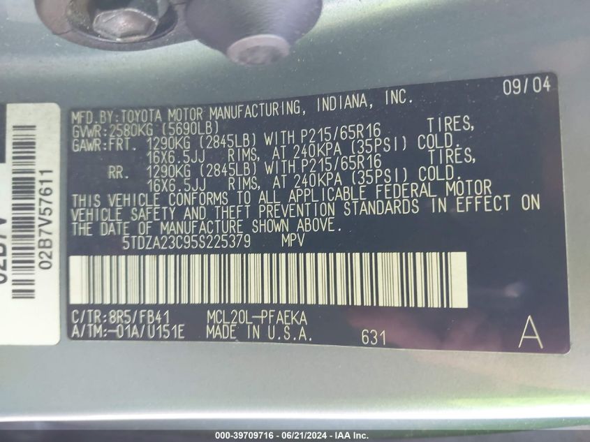 2005 Toyota Sienna Ce/Le VIN: 5TDZA23C95S225379 Lot: 39709716