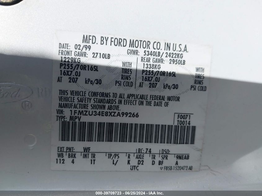 1999 Ford Explorer Eddie Bauer/Limited/Xlt VIN: 1FMZU34E8XZA99266 Lot: 39709723