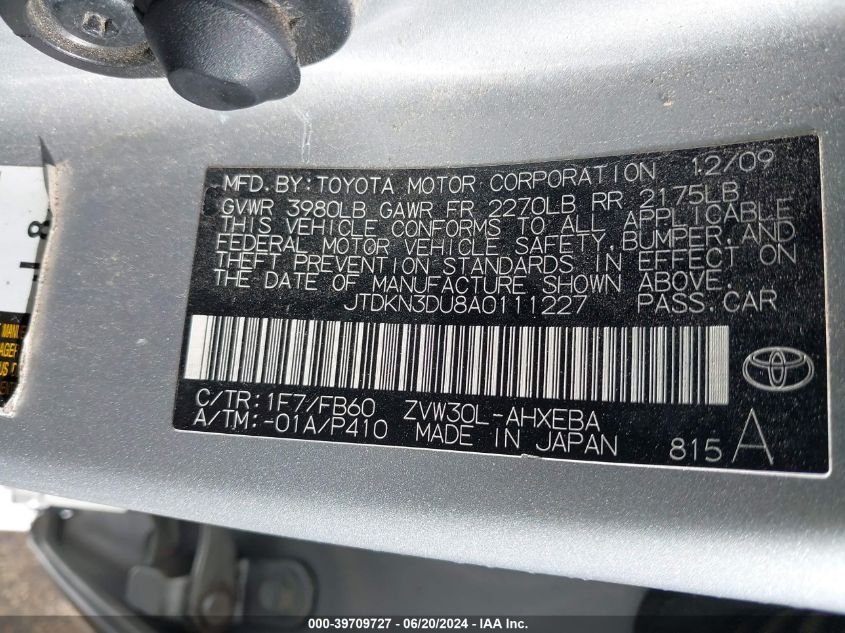 2010 Toyota Prius Iii VIN: JTDKN3DU8A0111227 Lot: 39709727