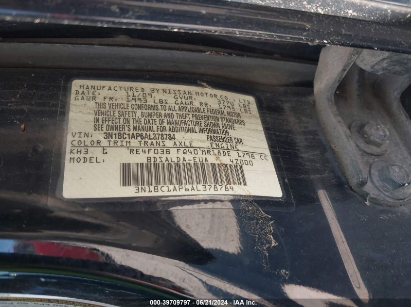 2010 Nissan Versa 1.8S VIN: 3N1BC1AP6AL378784 Lot: 39709797