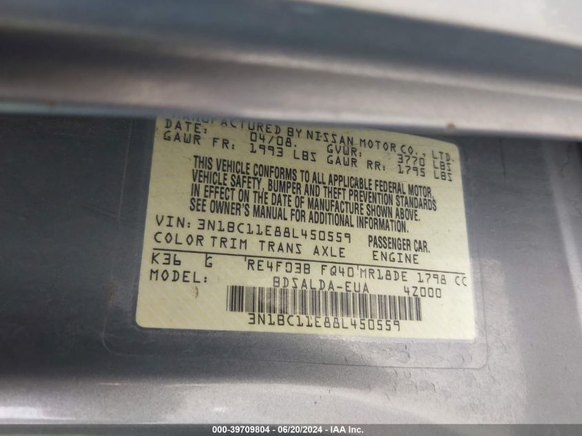 2008 Nissan Versa 1.8S VIN: 3N1BC11E88L450559 Lot: 39709804