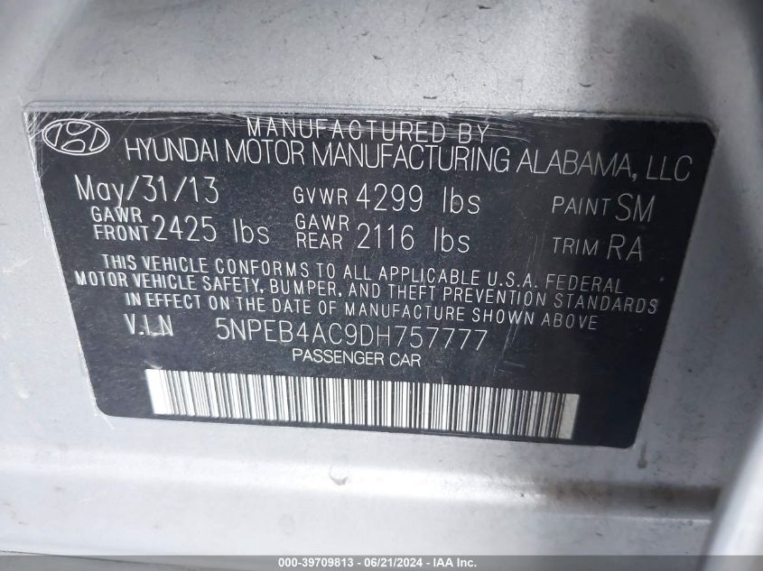 2013 Hyundai Sonata Gls VIN: 5NPEB4AC9DH757777 Lot: 39709813
