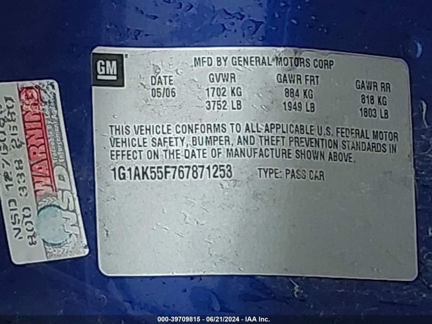 2006 Chevrolet Cobalt Ls VIN: 1G1AK55F767871253 Lot: 39709815