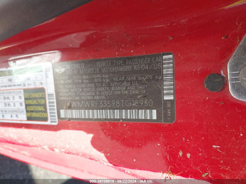 2008 Mini Cooper VIN: WMWRF33598TG18930 Lot: 39709819