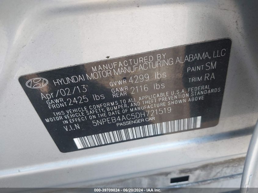 2013 Hyundai Sonata Gls VIN: 5NPEB4AC5DH721519 Lot: 39709824