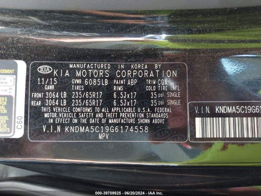 2016 Kia Sedona L VIN: KNDMA5C19G6174558 Lot: 39709825