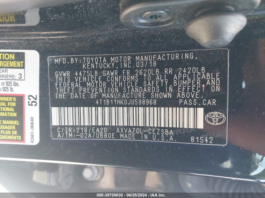 2018 TOYOTA CAMRY SE - 4T1B11HK0JU598968