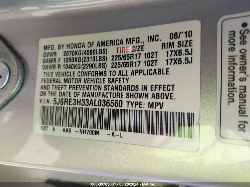 2010 Honda Cr-V Lx VIN: 5J6RE3H33AL036560 Lot: 39709831