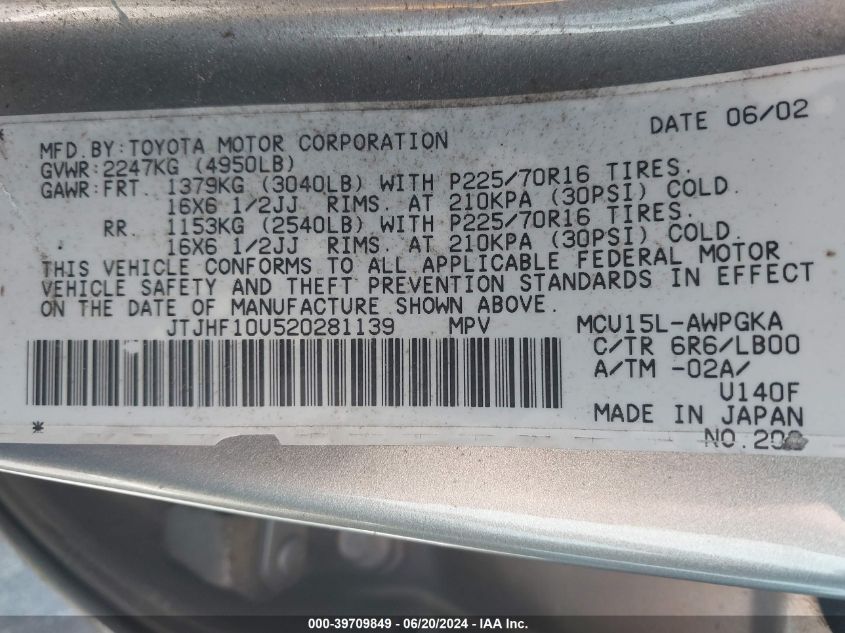 2002 Lexus Rx 300 VIN: JTJHF10U520281139 Lot: 39709849