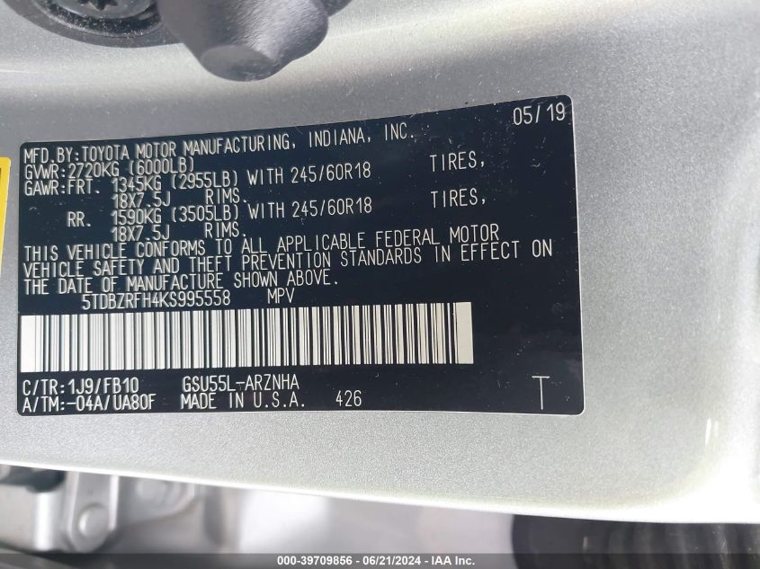 2019 Toyota Highlander Le VIN: 5TDBZRFH4KS995558 Lot: 39709856